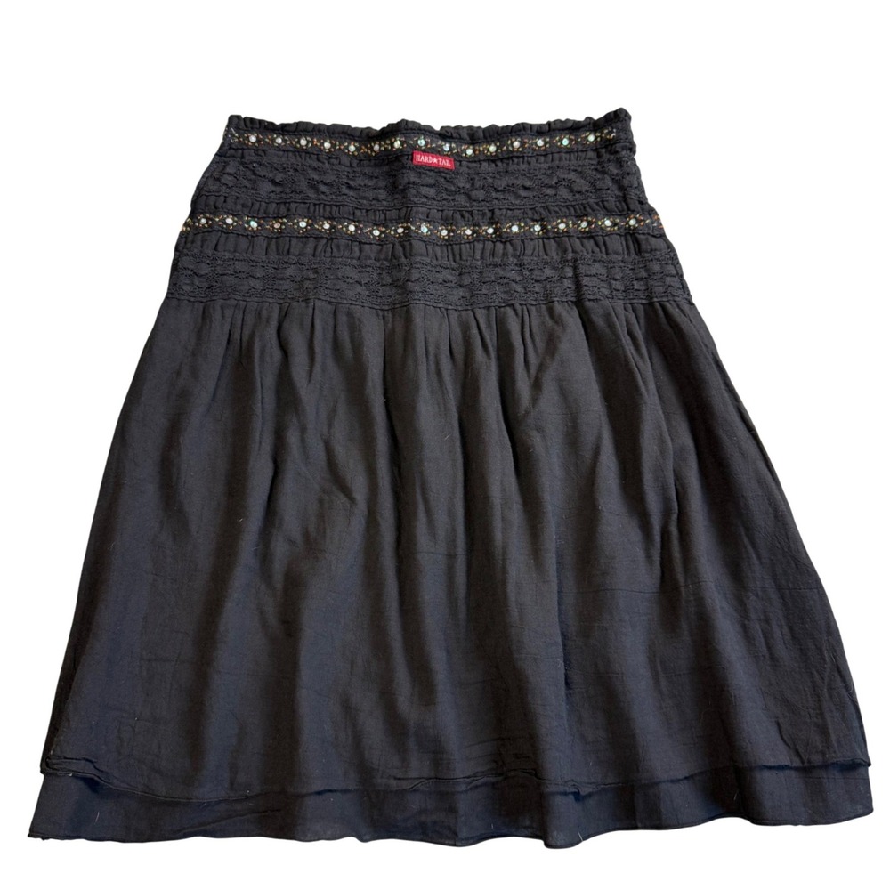 Hard Tail Western USA Mini Skirt Womens XS Black Gauze Beaded Smocked Boho